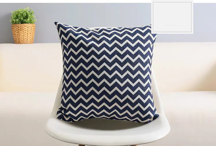 Mediterranean Blue Geometric Cotton-Linen Cushion Case