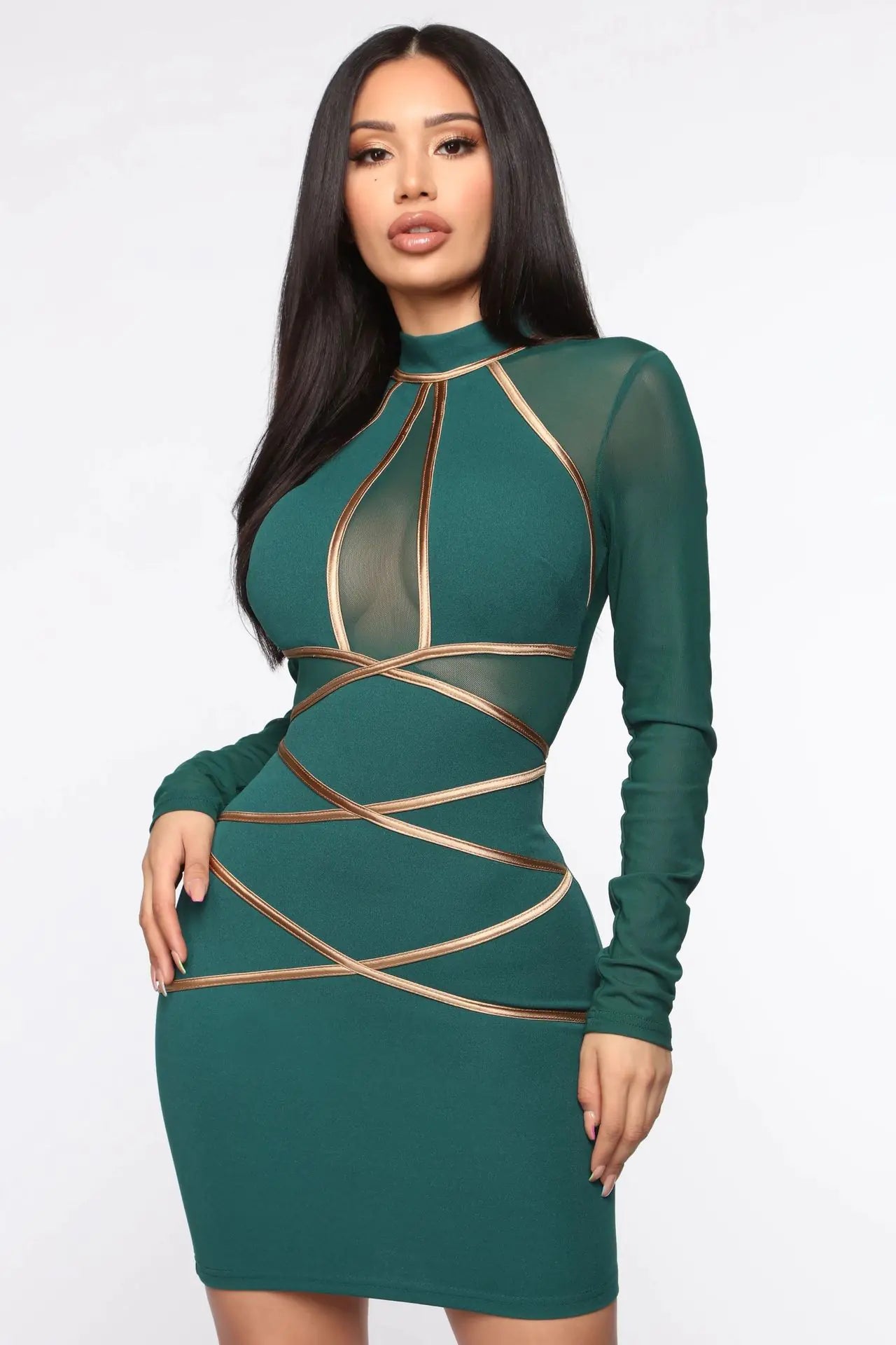 N366 Women's Long Sleeve Color Block Mesh Dress