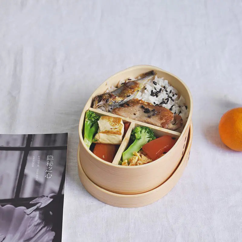Retro Portable Wooden Bento Box for Outdoor Lunches