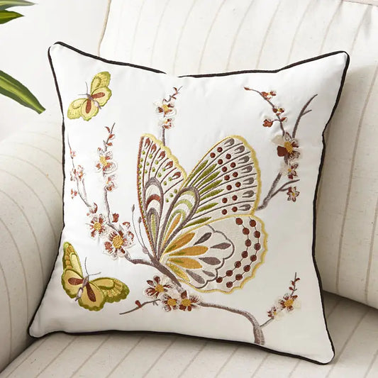 3D Embroidery Flower, Bird & Butterfly Cushion Cover