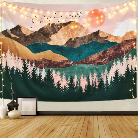 Seaside Landscape Tapestry with Tropical Palm Print