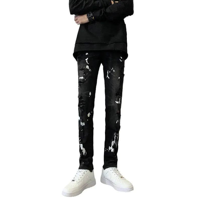 Men's Black Distressed Stretch Denim Jeans with Paint Splatter