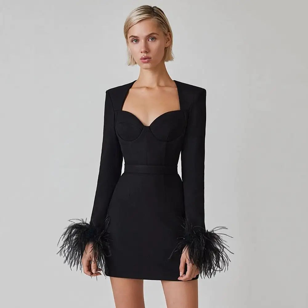 Fashionable Square Neck Ostrich Feather Cuff Dress