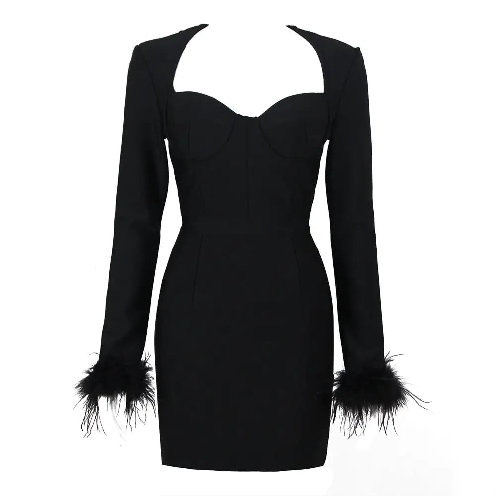 Fashionable Square Neck Ostrich Feather Cuff Dress