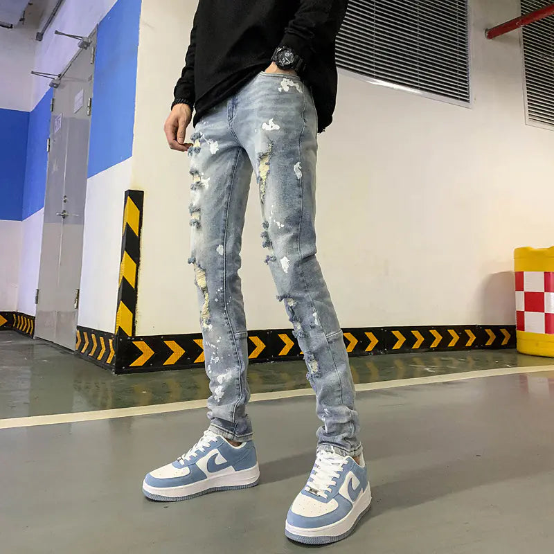 Men's Black Distressed Stretch Denim Jeans with Paint Splatter