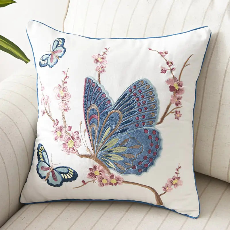 3D Embroidery Flower, Bird & Butterfly Cushion Cover