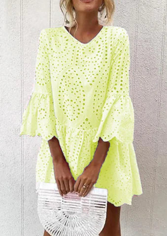 Summer Lace Ruffle Dress with Button and Three Colors