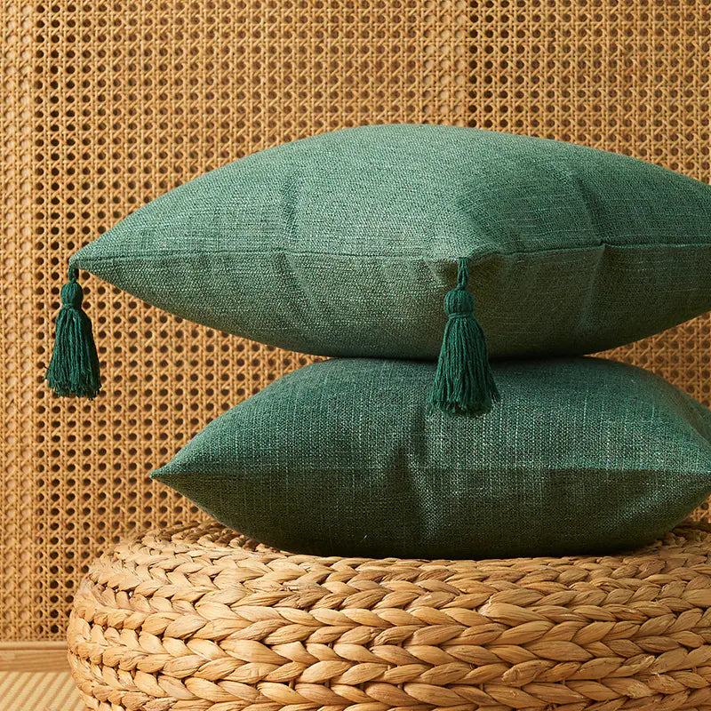 Japanese Solid Color Cotton Linen Tassel Pillowcase