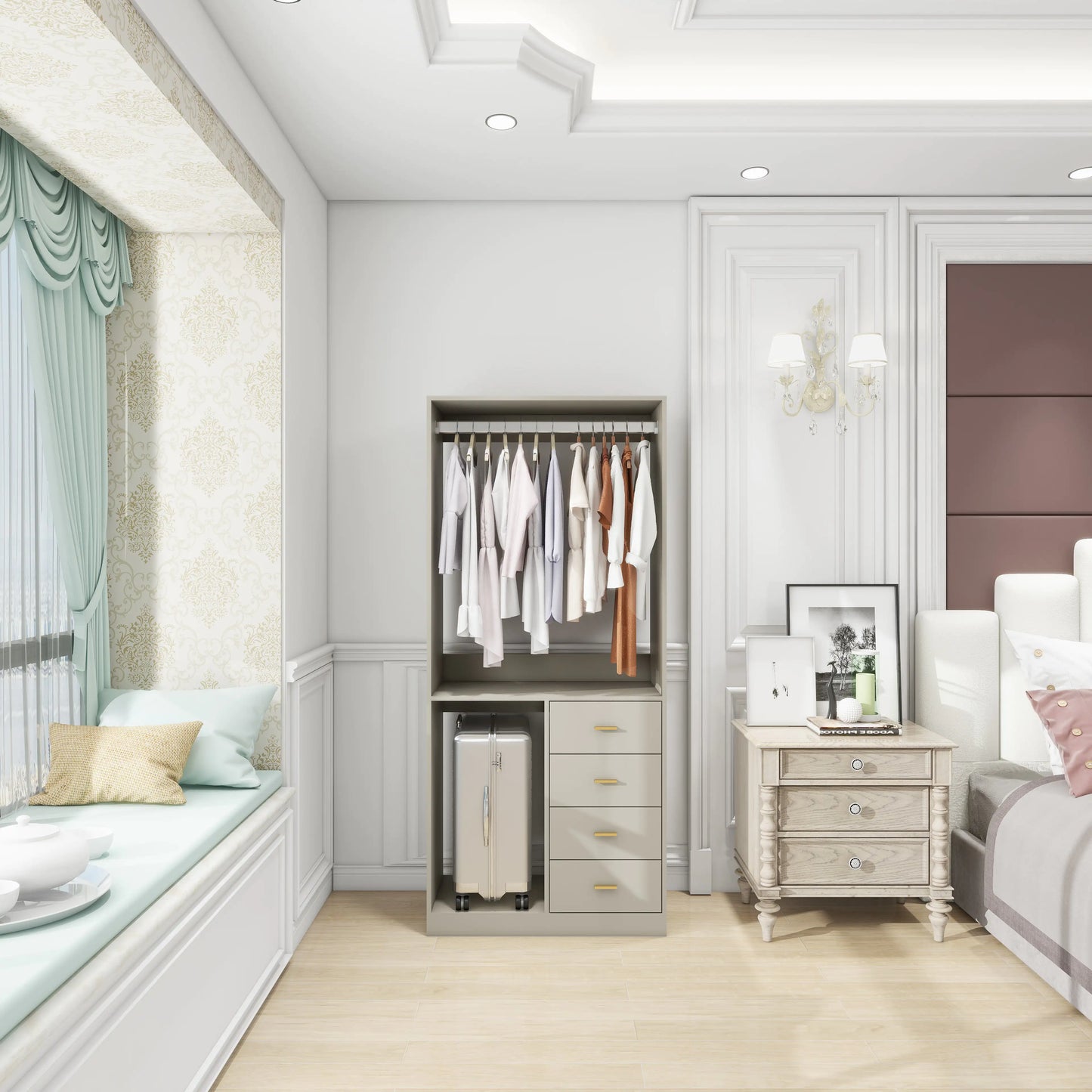 305 GreyCloset System: Walk-in Closet Organizer System with 4 Drawers Closet Kit with Shelves Hanging Rod Metal Handles Built-in Storage Organization 31.5"W x 15.7"D x 70.8"H