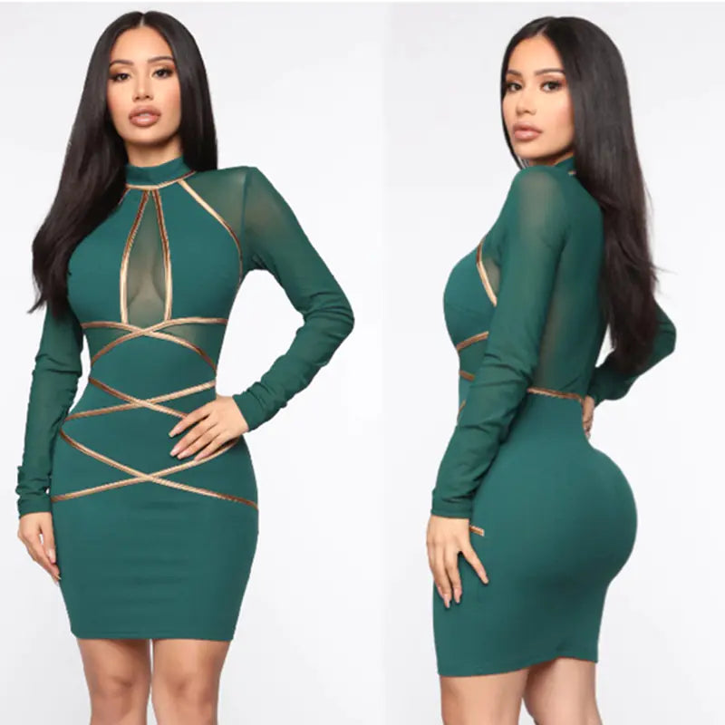 N366 Women's Long Sleeve Color Block Mesh Dress