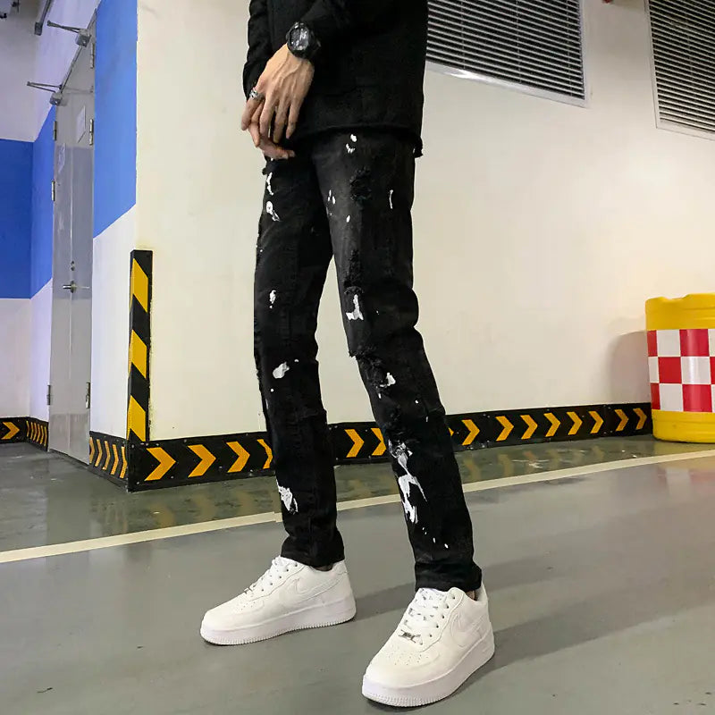 Men's Black Distressed Stretch Denim Jeans with Paint Splatter
