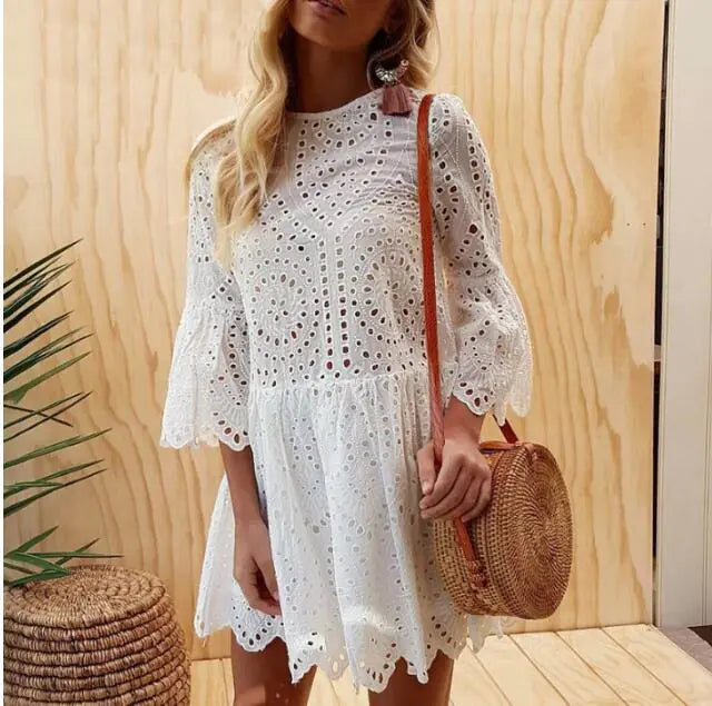 Summer Lace Ruffle Dress with Button and Three Colors