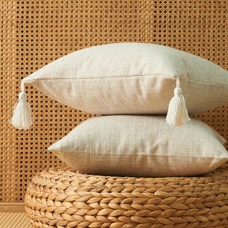 Japanese Solid Color Cotton Linen Tassel Pillowcase