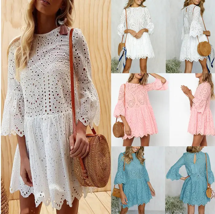 Summer Lace Ruffle Dress with Button and Three Colors