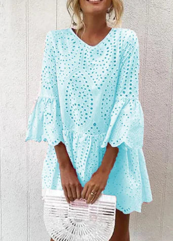 Summer Lace Ruffle Dress with Button and Three Colors