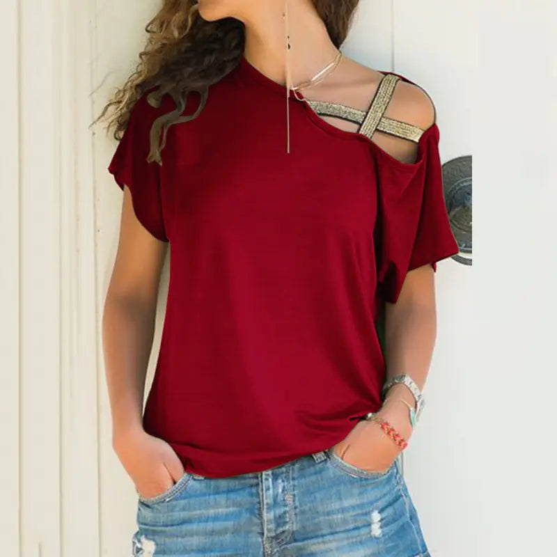 Casual Asymmetrical Off-Shoulder Short Sleeve T-Shirt