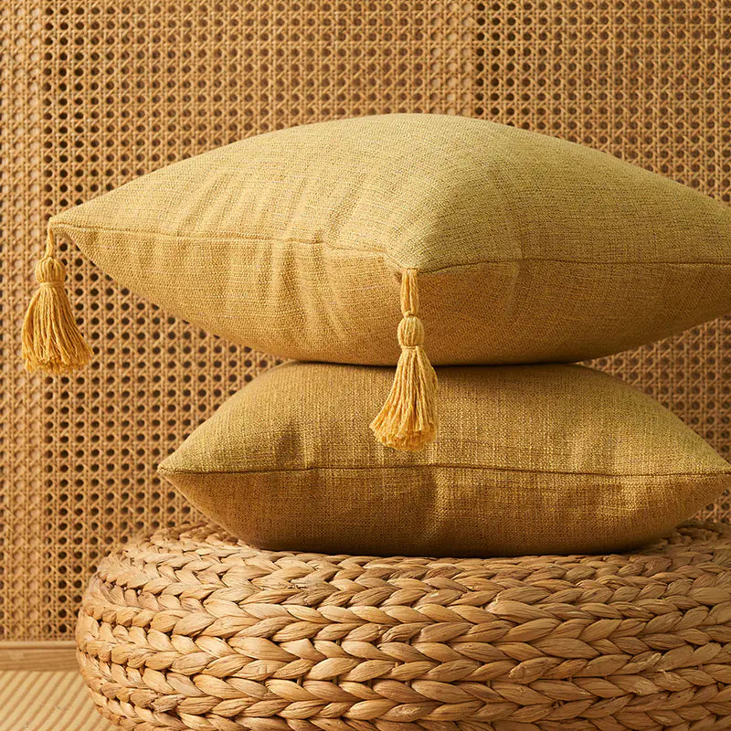 Japanese Solid Color Cotton Linen Tassel Pillowcase