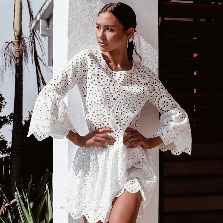 Summer Lace Ruffle Dress with Button and Three Colors