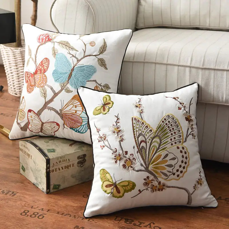 3D Embroidery Flower, Bird & Butterfly Cushion Cover