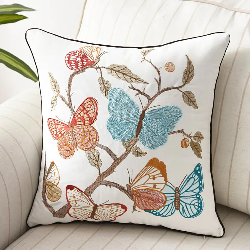 3D Embroidery Flower, Bird & Butterfly Cushion Cover
