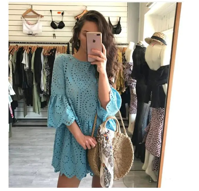 Summer Lace Ruffle Dress with Button and Three Colors