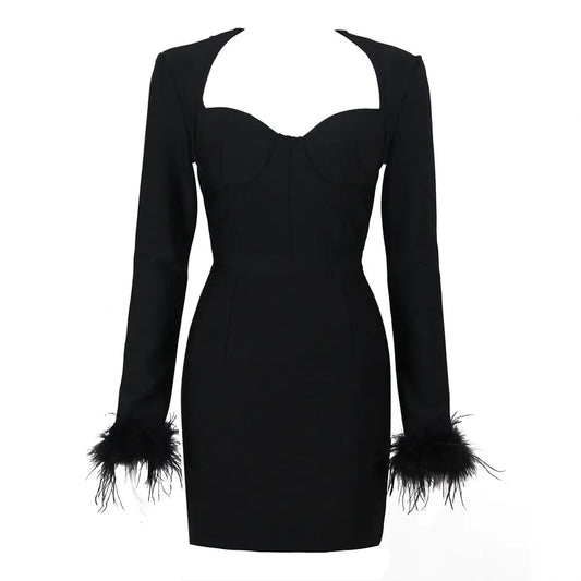 Fashionable Square Neck Ostrich Feather Cuff Dress