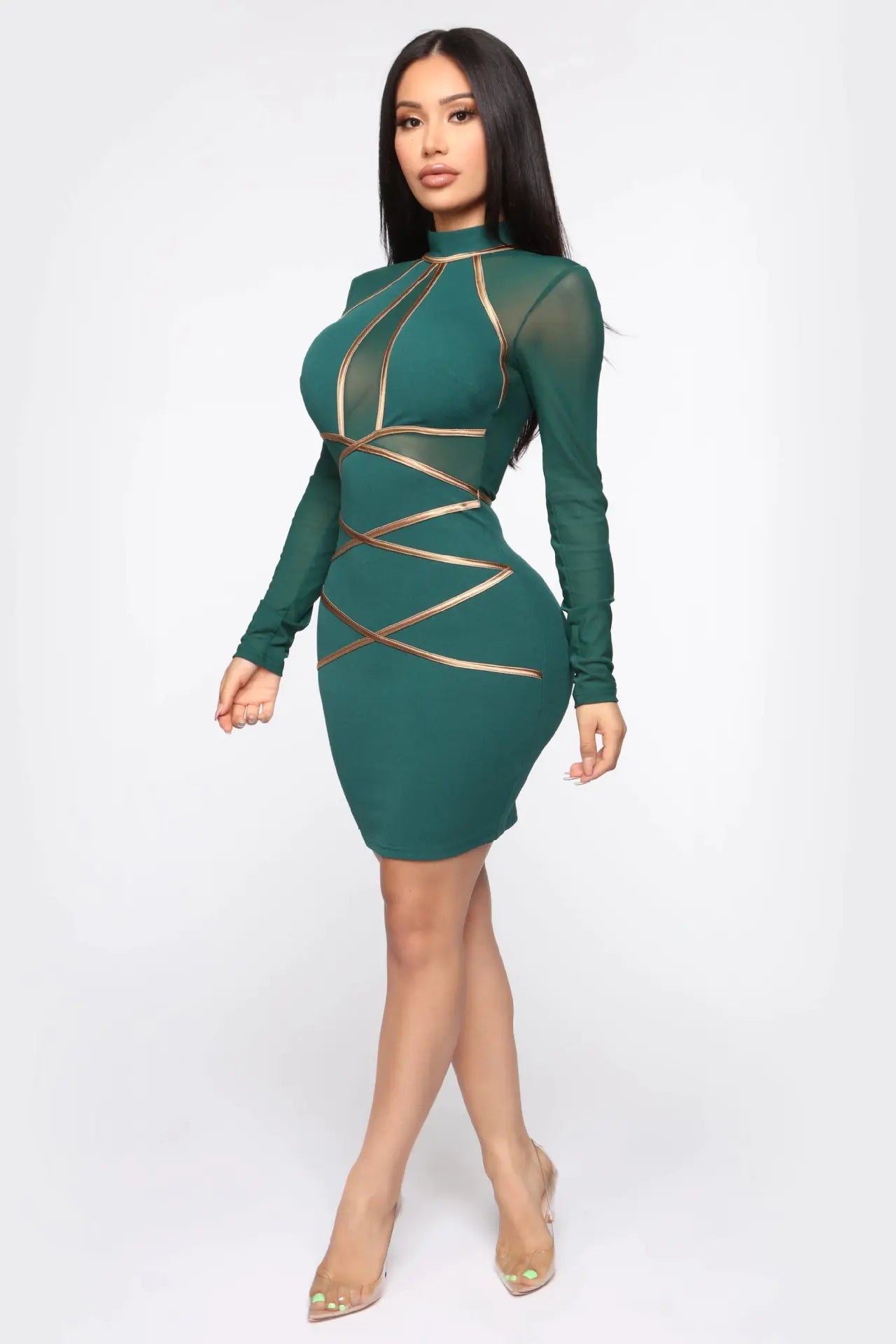 N366 Women's Long Sleeve Color Block Mesh Dress