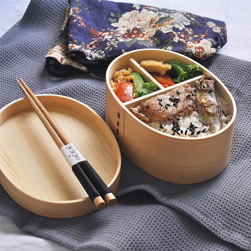 Retro Portable Wooden Bento Box for Outdoor Lunches