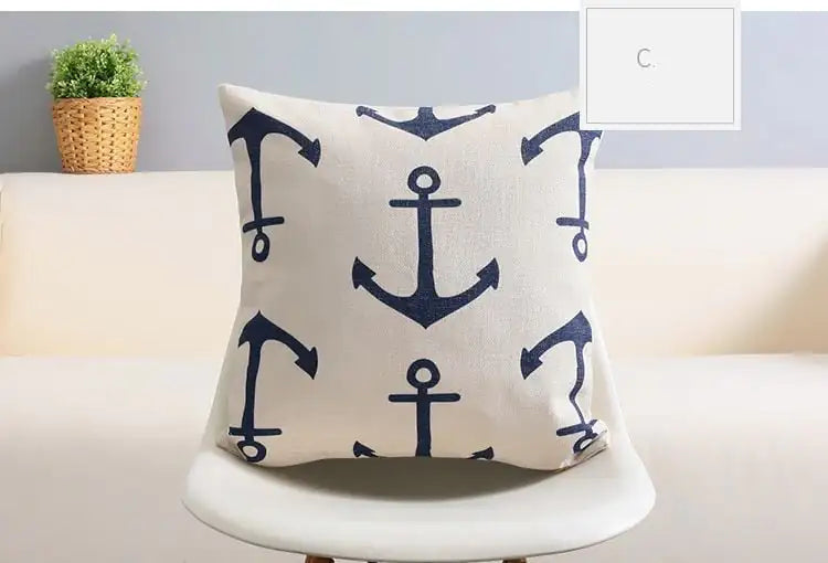 Mediterranean Blue Geometric Cotton-Linen Cushion Case